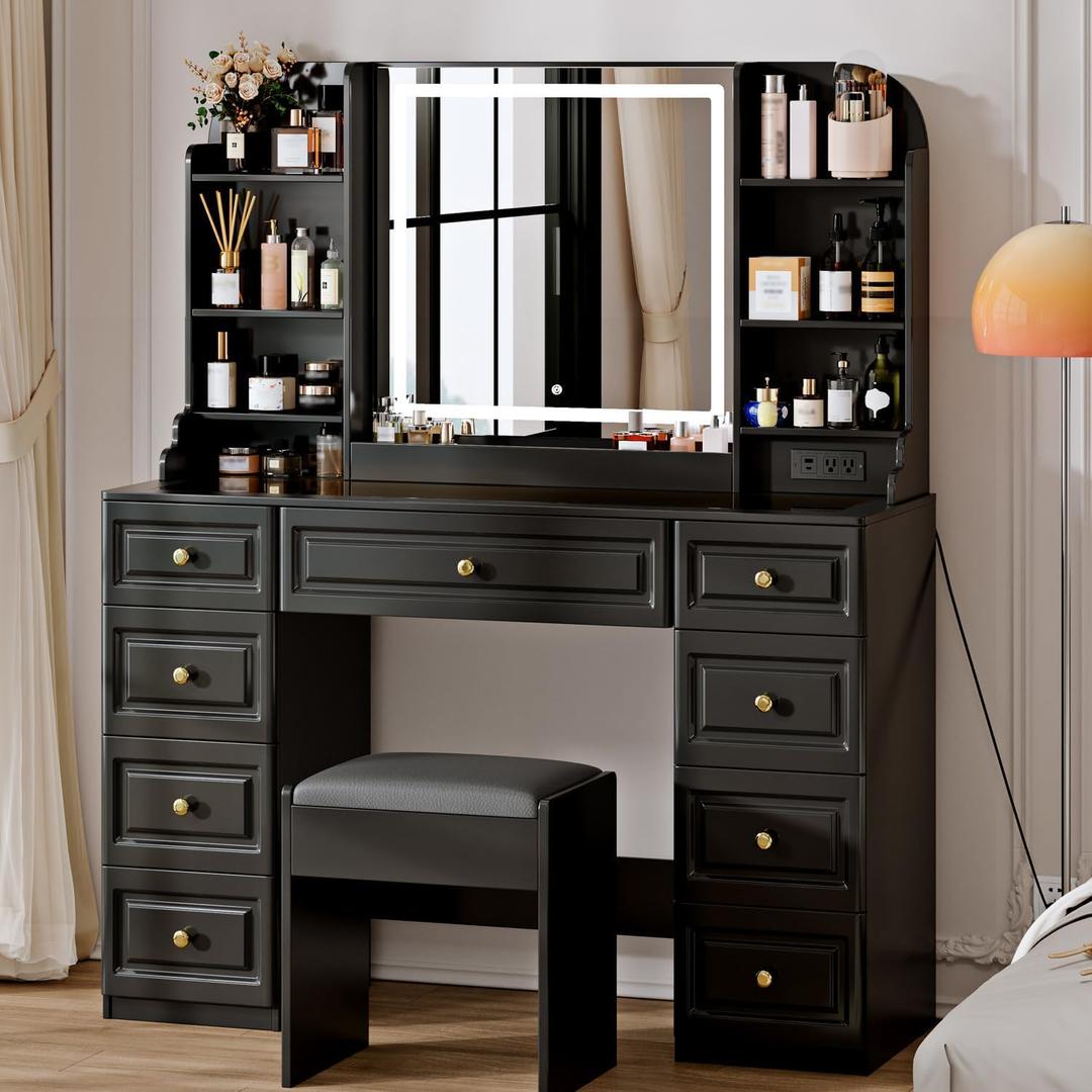 43" Makeup Vanity Desk with Mirror and Lights, & Power Outl, Glass Top Big Vanity Table with 9 Drawers& 8 Storage Shelves, Dressing Table Set with Chair for Bedroom, Black (15.75D*43.31W*57.48H)
