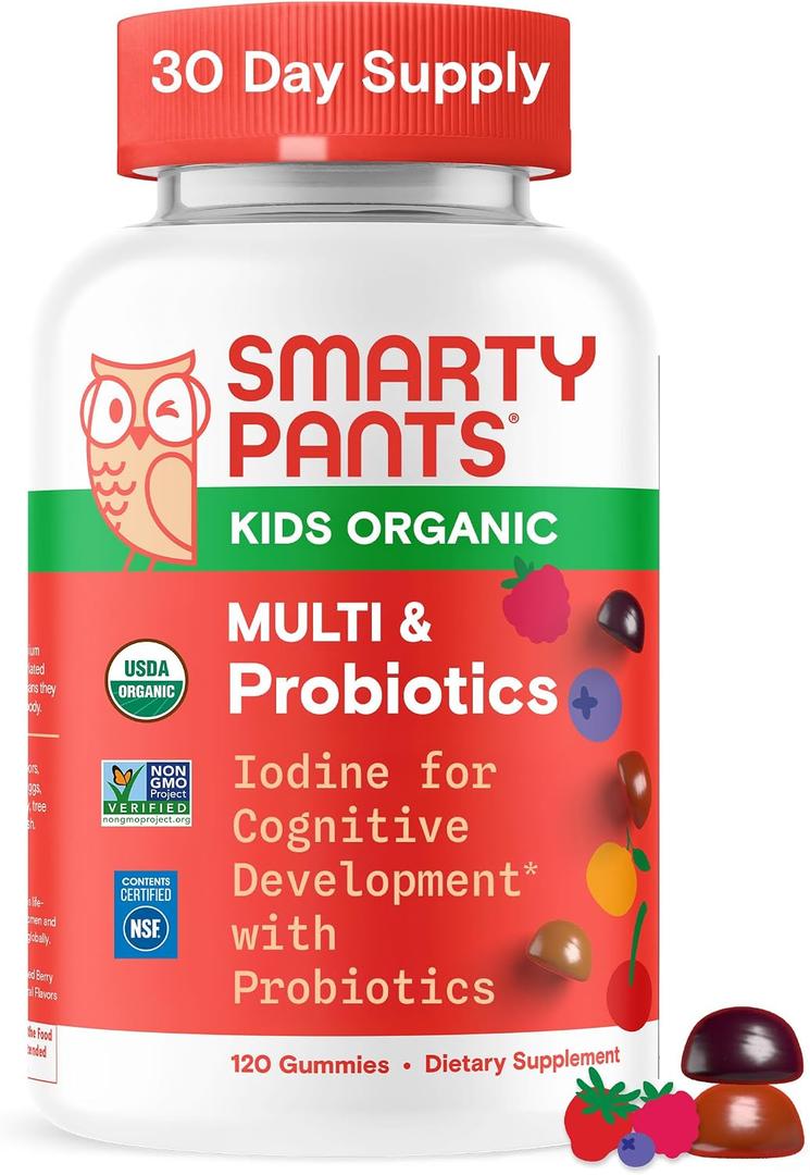 SmartyPants Organic Kids Multivitamin Gummies: Probiotics, Omega 3 (ALA), Vitamin D3, C, Vitamin B12, B6, A, K & Zinc for Immune Support, Biotin, Three Fruit Flavors, 120 Count (30 Day Supply), EXP: 01/22/2027