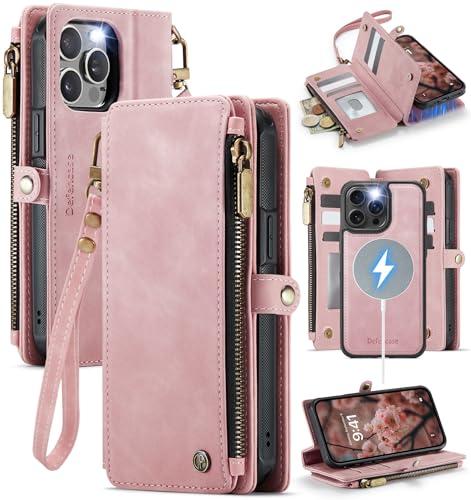Defencase for iPhone 15 Pro Max Magnetic Wallet Case Compatible with Magsafe with RFID Blocking Zipper Strap Card Holder for Women, PU Leather Detachable Case for iPhone 15 Pro Max (6.7"), Rose Pink