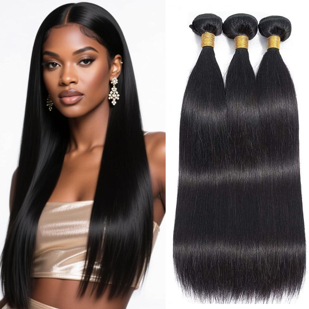 28 30 32 Inch Freiuoke Straight Human Hair Bundles Natural Black Color Peruvian Virgin Remy Hair 3 Bundles/150g Straight Bundles Extensions