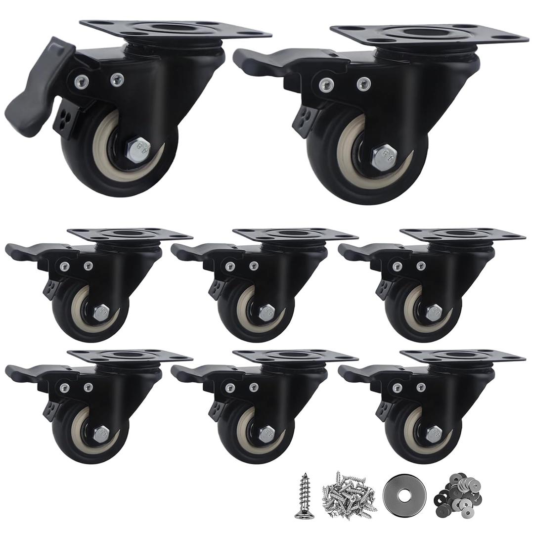 2 Inch Caster Wheels Set of 8, Heavy Duty Casters,with Brake,No Noise Locking Polyurethane (PU) Wheels, for Furniture and Workbench Load 800lbs