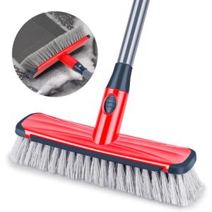 Floor Scrubber with Long Handle, 2 in 1 Scrubbing Brush Stiff Bristle Shower Cleaning Brush for Bathroom, Kitchen, Tub, Carpet, Grout, Tile(Red)