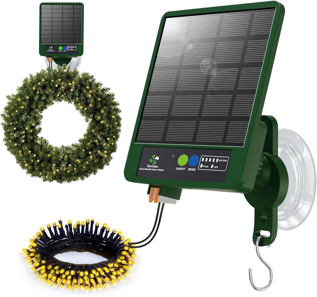 Solar Wreath Hangers for Front Door with 60 LED Lights, Compatible with Lighted Wreaths, Large Suction Cup Hook for Glass Window Outdoor Porch Decorations