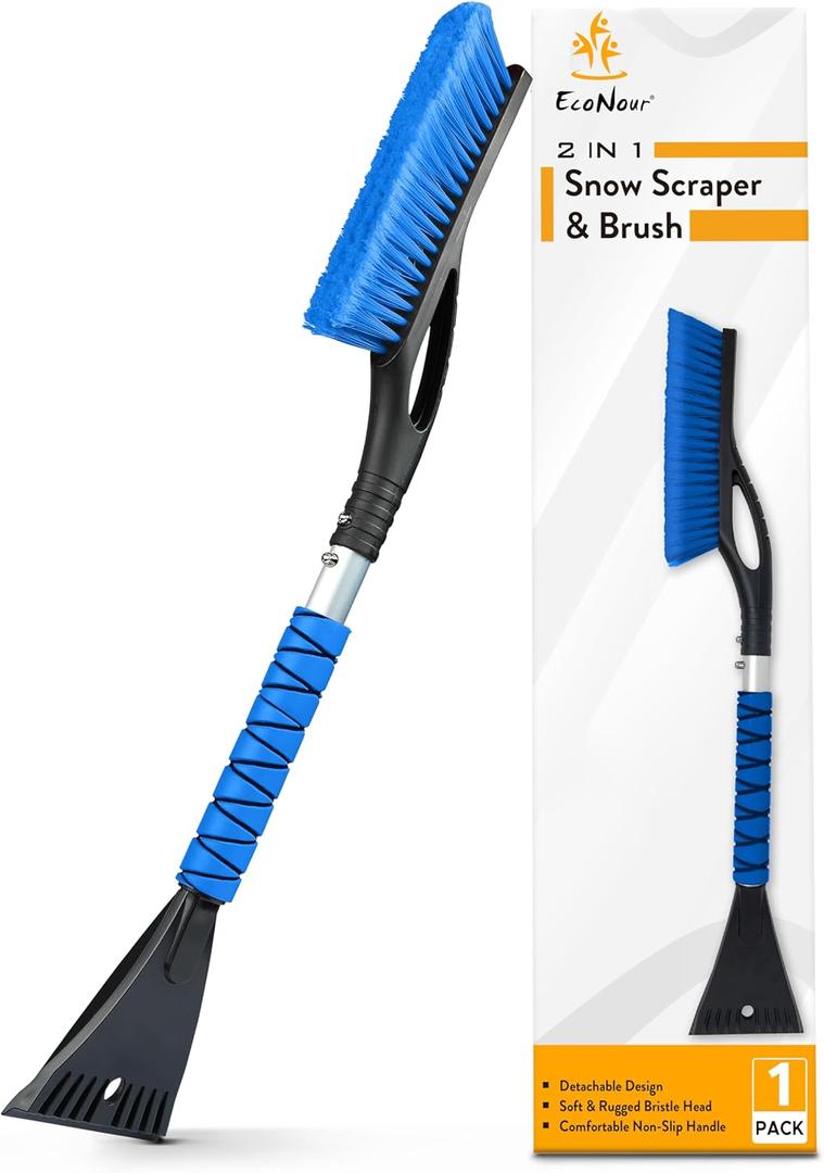 EcoNour 27" Aluminum Snow Brush with Ice Scrapers for Car Windshield and Window | Car Snow Scraper and Brush with Ergonomic Foam Grip Winter Accessories (Blue)