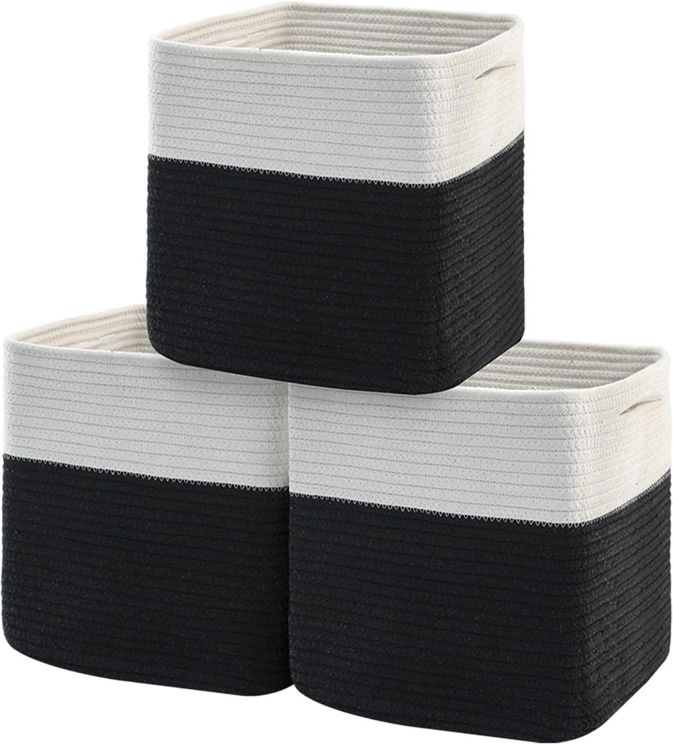 MEGASKET 3 Pack Cube Storage Bin, 11 Inch Cotton Rope Baskets for Organizing, Woven Fabric Kids Toy Bin Box, Baby Nursery Cube Storage Organizer, Decorative Cute Black Wicker Square Basket for Shelves