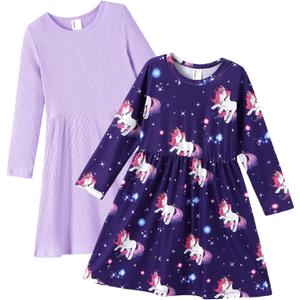 PATPAT Toddler Girl Long Sleeve Dresses 2-Pack Ribbed Cotton & Woven A-Line, Soft Spring Outfits for Girls, 18M10Y (Purple)