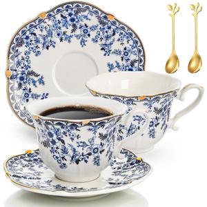 Porcelain Tea Cups and Saucers Set of 2, 6 Oz Vintage Country Roses Bone China Tea Cup with Gold Trim, Spoon, 6 Pieces Coffee Cappuccino Mugs for Women, Tea Parties, Wedding Gifts