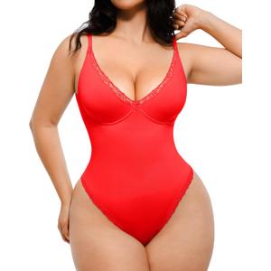 SHAPELLX Shapewear Bodysuits for Women Tummy Control Lace Body Suits V Neck Sleeveless Bodysuit Tops Underwire Corset (Large, Red)