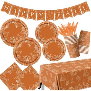Fall Pumpkin Dinnerware Decorations,142pcs Thanksgiving Fall Leaves Tableware Include Pumpkin Plates and Napkins Cups Tablecloth Banner for Harvest Autumn Party