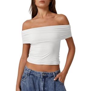 QINSEN Womens Off The Shoulder Tops Double Lined Short Sleeve T Shirts Slim Fitted Stretchy Crop Top, S