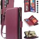 for Samsung Galaxy S24 Ultra Wallet Case with RFID Blocking Credit Card Holder,PU Leather Flip Lanyard Strap Wristlet Zipper Women Men for Samsung Galaxy S24 Ultra Red