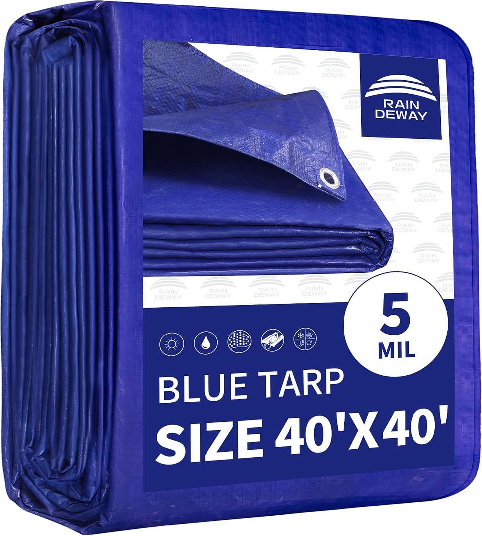 RAINDEWAY LargeTarps 40x40 Feet 5 Mil Blue Waterproof Multipurpose Tarp, 40'×40'-Finished Size
