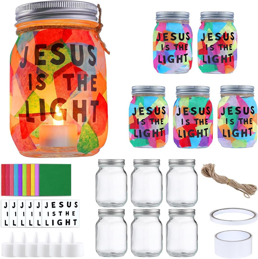 6 Set 2026 VBS Crafts Mason Jars Kit with Jesus Is The Light Stickers LED Candles Light Tissue Paper Twine for Sunday School Activities Christian DIY Projects Religious Decoration