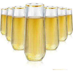 48 Pack Plastic Ribbed Champagne Flutes, 9 Oz Stemless Disposable Gold Rim Clear Plastic Toasting Glasses Shatterproof Recyclable and BPA-Free Perfect For Wedding