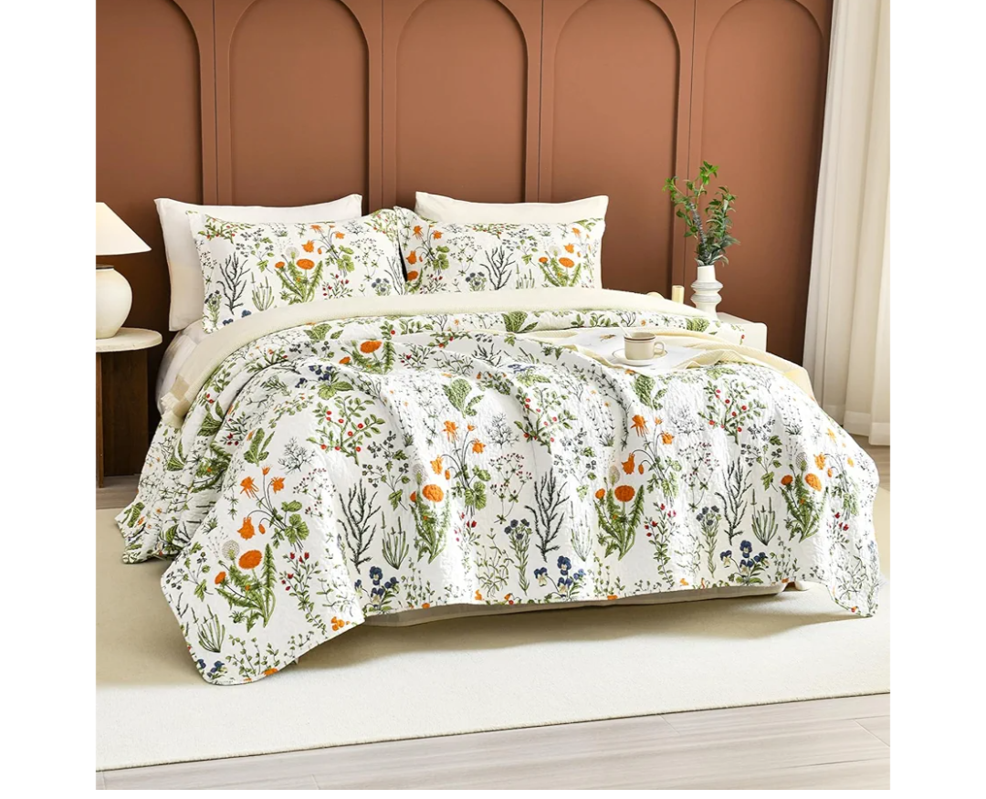Lady Ann Oversized King Quilt Bedspreads 120x120-100% Cotton Floral California King Size Quilt Bedding Set Yellow Flowers & Leaves Pattern Plant Botanical Printed Quilted Coverlet Set, 3 Pcs