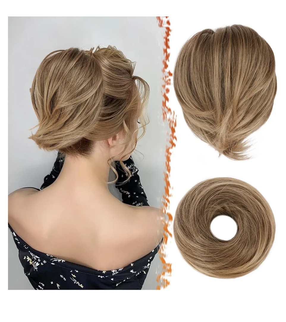 BARSDAR Brown Hair Bun Extensions - Synthetic Fully Short Straight Ponytail Hair Bun Extensions for Women - Elastic Messy Hair Bun Scrunchies Hairpieces Daily- Ash Brown Mixed