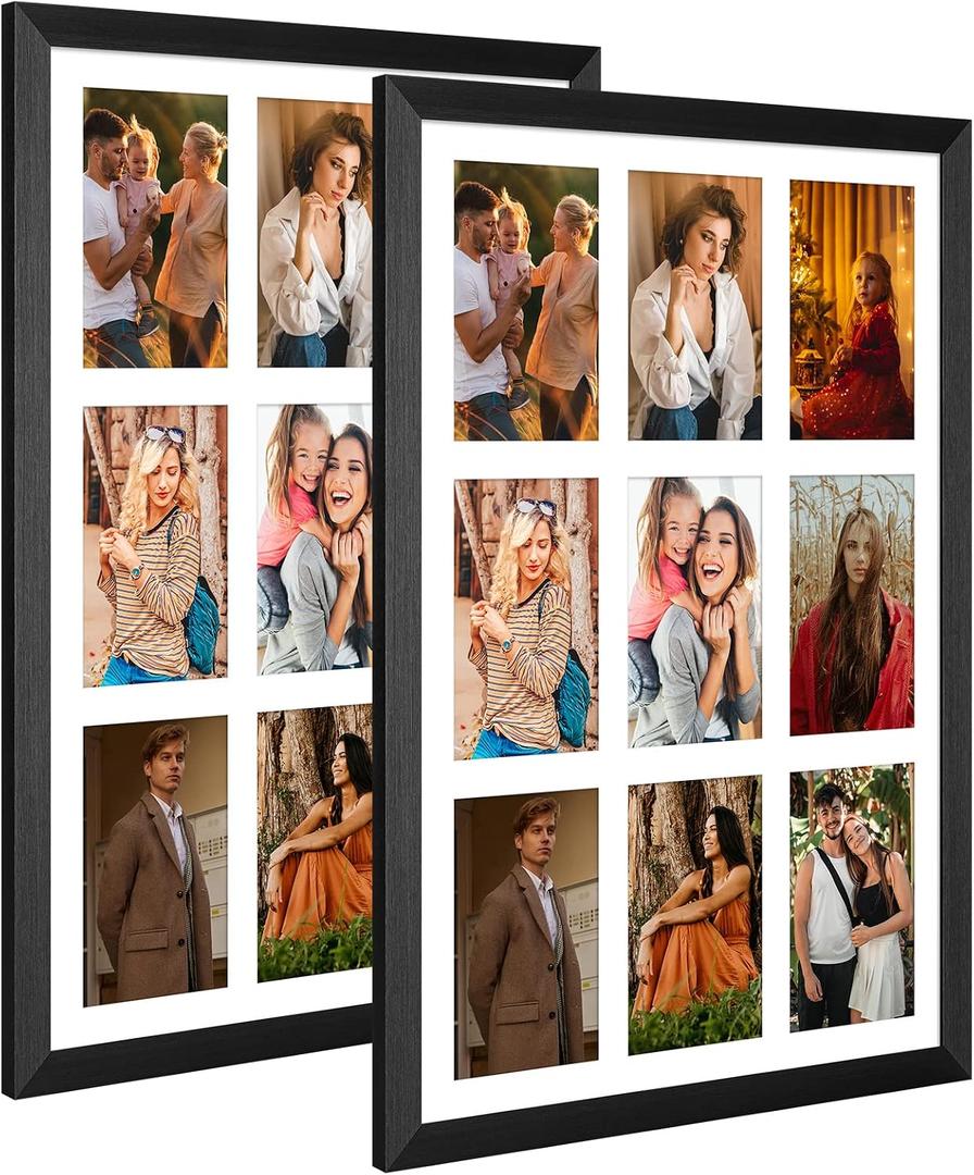 13.5x19.5 Collage Frame with 9 Openings 4X6 Pictures, Multiple Picture Frame with Mat, Wall or Tabletop Decor, Black Wood Grain,2 Pack