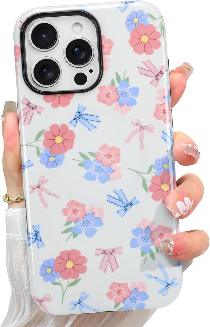 Case Designed for iPhone 16 Pro, Blue & Pink Bow Little Floral Pattern[Compatible with MagSafe] Hard PC+ Soft TPU Heavy Duty Shockproof Drop Protective Women Girls Phone Case