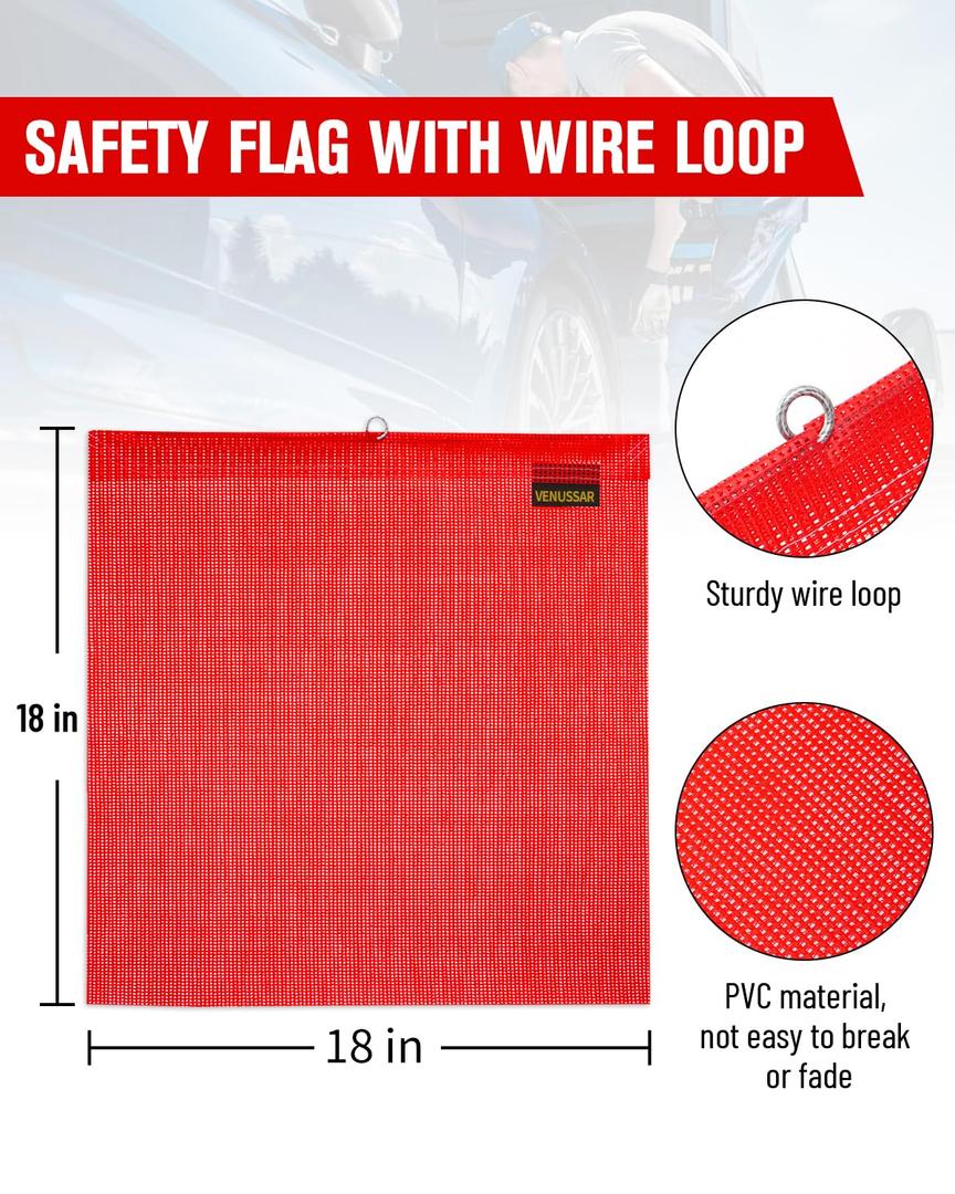 Safety Flags for Trucks with Heavy Duty Magnets Kit, Pack of 2 Warning Safety Flag with Wire Loop 18 x 18 Inch and Round Magnets, Red Safety Flags for Trucks Trailer Oversize Load