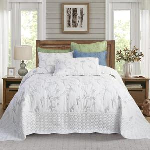 Cmfshape 100% Cotton Oversized King Bedspread,3 Pieces Floral Pattern Stitching Quilt Cal King Embroidery Bedding Set,Reversible Lightweight Soft Bedspread Coverlet for All Season(White 114"x102")