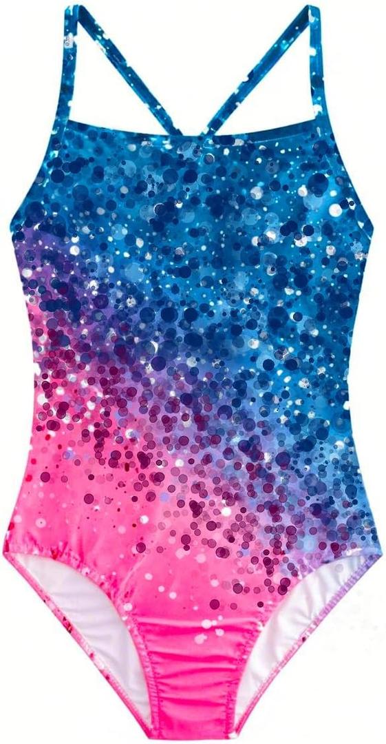 Belovance Girls Swimsuits One Piece Bathing Suit Crossback Straps Cute Toddler Kids Pool Beach Swimwear Quick Dry 4-12 Years (5-6 Years, Diamond Green Pink)