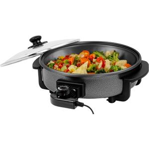 OVENTE 12 Inch Electric Skillet and Frying Pan with Nonstick Coating, 1400W Power, Adjustable Temperature Control, Tempered Glass Lid with Vent and Cool Touch Handles, Black SK11112B