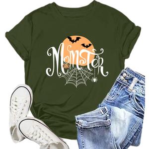 Halloween Momster T-Shirt for Women Funny Spider Bat Tee Mom Ster Letter Print Tee Tops (M)