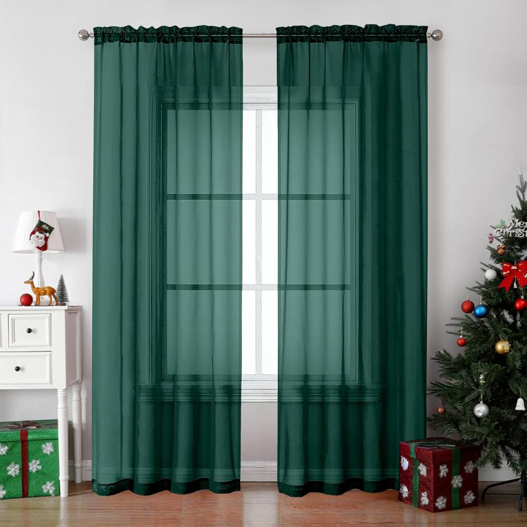 OVZME Hunter Green Sheer Curtains 84 Inches Long 2 Panels - Soft Light Filtering Christmas Sheer Panels for Living Room/Bedroom, Top Dual Rod Pocket, 1 Pair, Each 42Wx84L
