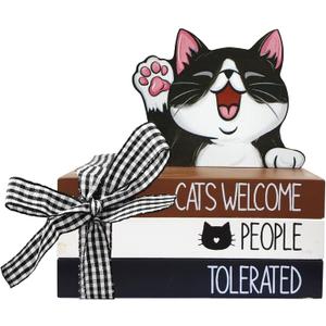 Tuxedo Cat Mini Wood Book Stacks, Cats Welcome People Tolerated Tiered Tray Decor, Farmhouse Decorative Wooden Sign Pet Lover Gifts, Rustic Shelf Table Home Decorations with Plaid Bow