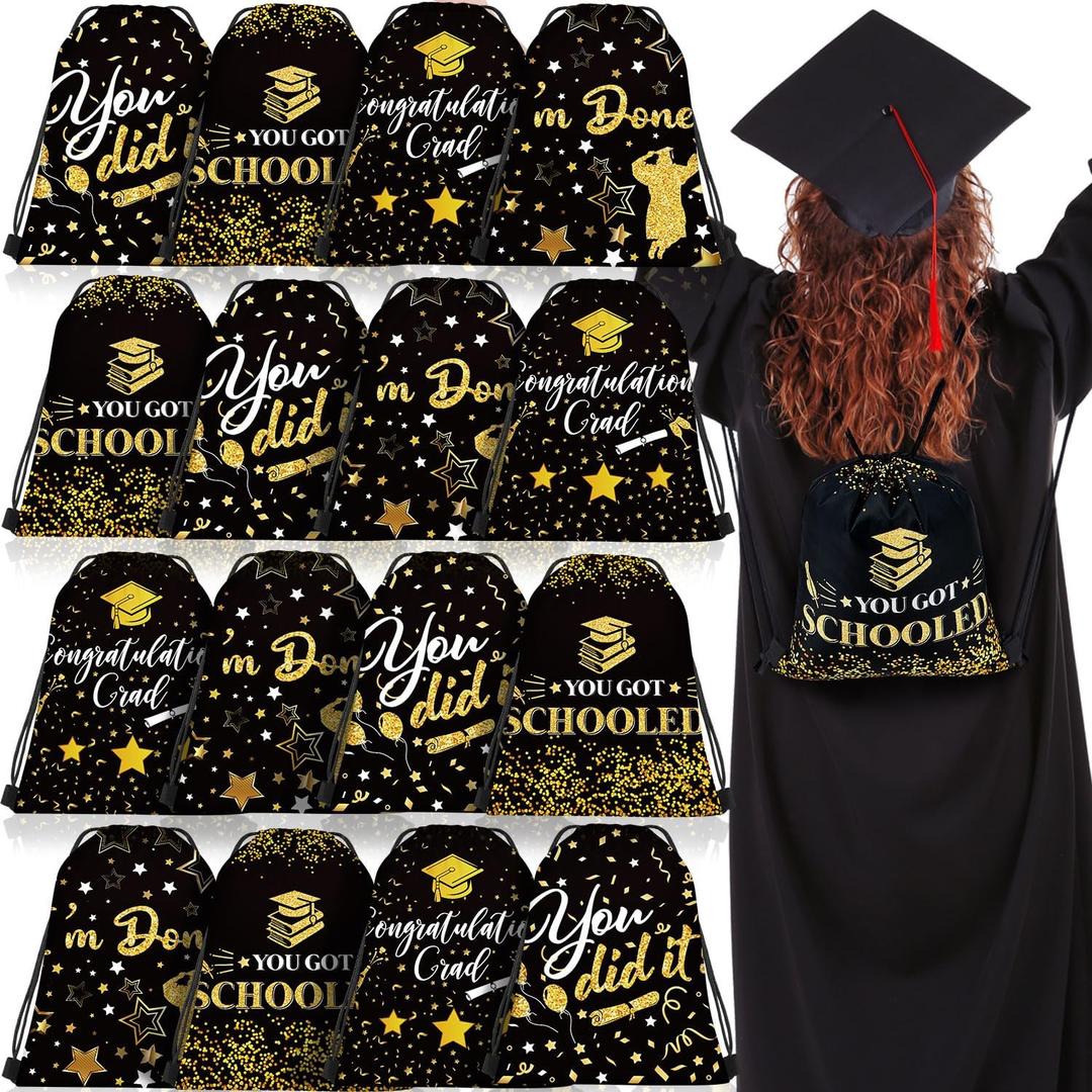 Amylove 16 Pcs Graduation Gift Bags with Drawstrings Grad Party Favor Graduation Gift Drawstring Bag for College High School Party Supplies, 9 x 12 Inch (Black)