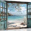 Window Beach canvas Wall Art Blue Coastal Ocean Windows Sea View Paintings Pictures Wall Decor Fake Window Frame Seascape Style Poster Printing Artwork for Living Room Bathroom Home Decoration, 24"L x 16"W