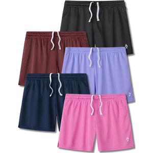 5-Pack Women's Athletic Shorts Mesh Basketball, Ladies Active Loose Pull-On Shorts with Zipper Pockets, 5" Inseam (X-Large, Pink/Navy/Black/Maroon/Lavender)