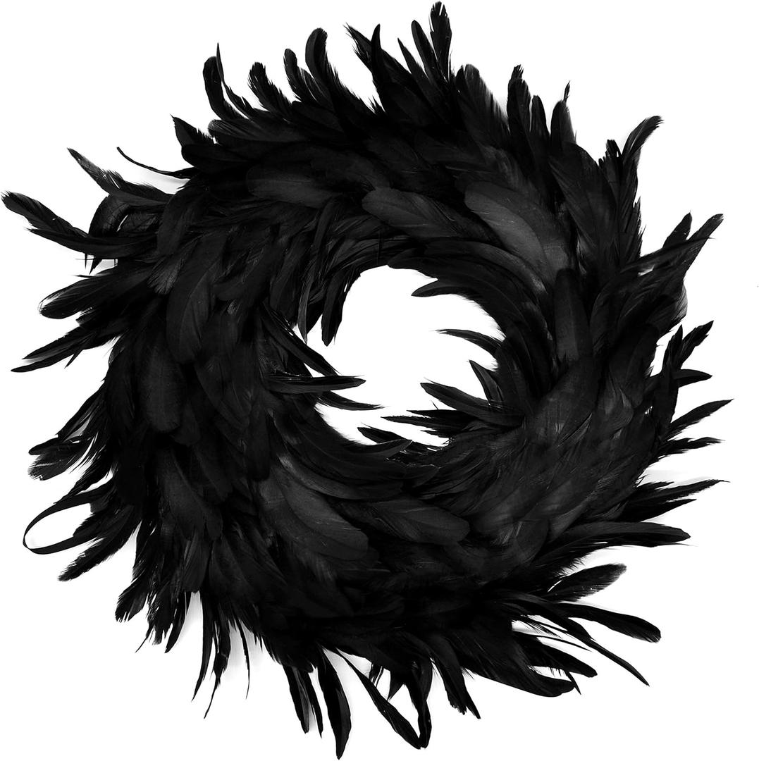 JOYIN 13.5" Black Natural Feathers Wreath for Halloween Decorations, Spooky Scene Party Favors, Halloween Photo Props, Trick of Treat, Front Door, Porch, Window, Indoor Outdoor Party Decorations