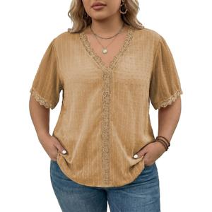 Eytino Plus Size Tops for Women 2026 Summer Short Sleeve V Neck Lace Crochet Chiffon Shirt Blouses,2X Khaki (Beige, XXL)