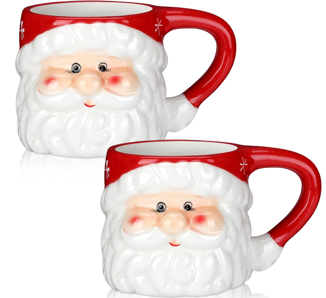 Sliner 2 Pcs Christmas Santa Coffee Mugs 11 oz Vintage Santa Claus Heads Ceramic Mug Christmas Themed Design Cup Set for Coffee Tea Hot Chocolate Xmas Holiday Gifts (Red)