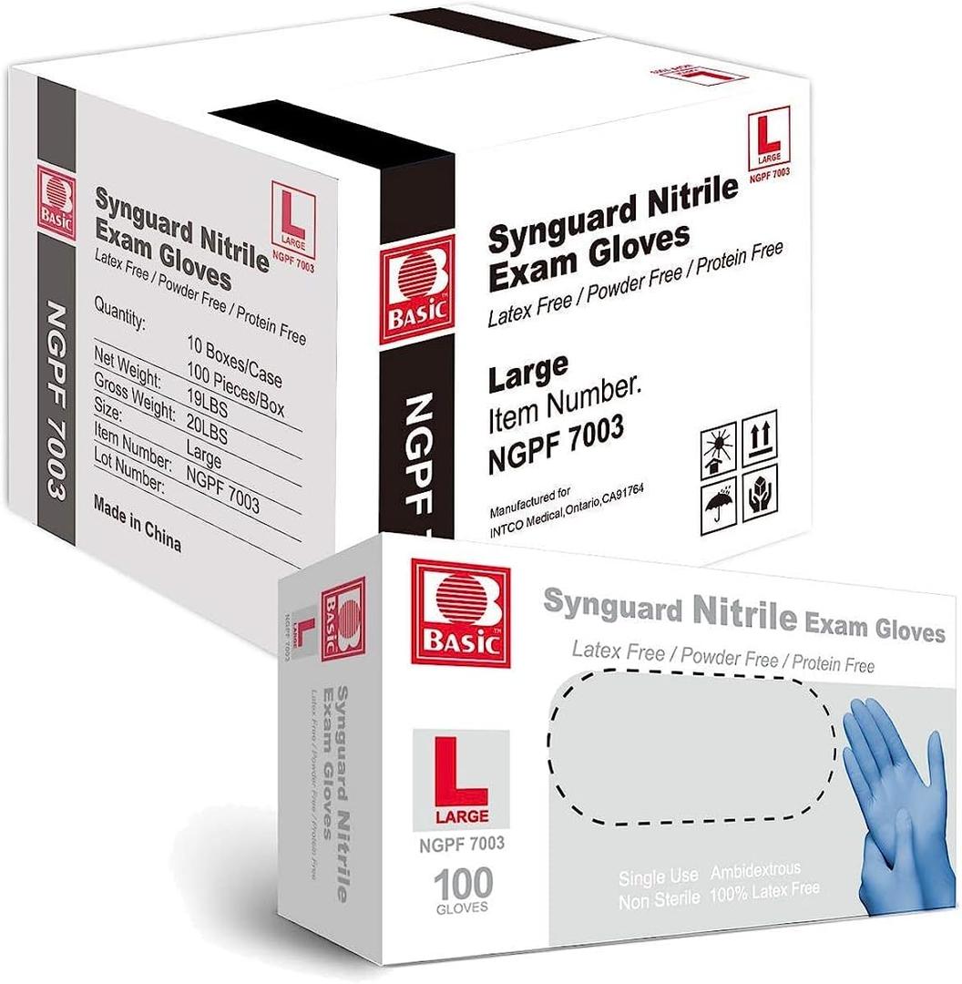 Basic Medical Blue Nitrile Exam Gloves - Latex-Free & Powder-Free - NGPF-7003 (Case of 1, 000), Large
