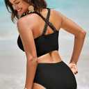 Herseas Women's Textured Bikini Sets Twist Front Top Swimsuits High Waisted Bathing Suits (Black, XL)