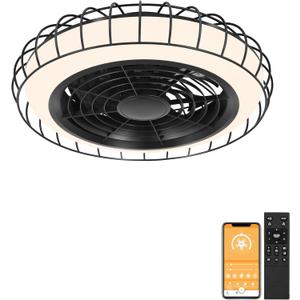 Ohniyou 20'' Enclosed Ceiling Fan with Lights, Bladeless Fan with Light and Remote, Low Profile Ceiling Fan With Dimmable LED, 6 Speeds, Reversible,Quiet, Flush Mount for Bedroom