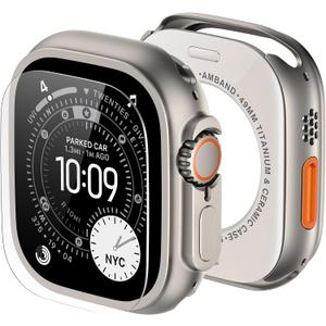 amBand Metal Case Screen Protector for Apple Watch Ultra 3/Ultra 2/Ultra 49mm, W3 Rugged Bumper Thin Frame with 9H Tempered Glass Film & Back Cover, [Waterproof] [Band Compatible], Natural Titanium