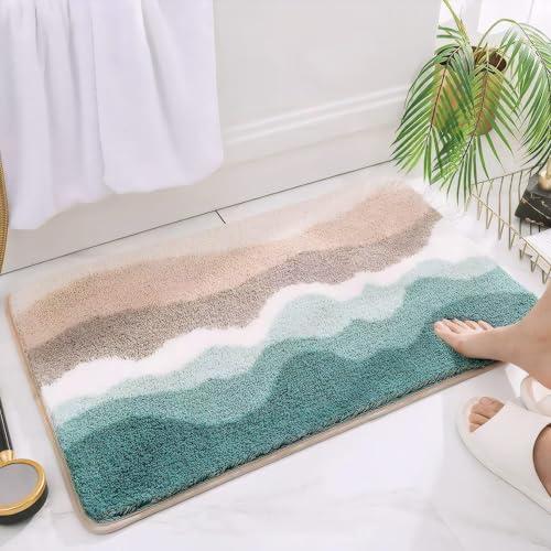 HRILO Microfiber Bathroom Rugs, Absorbent Soft Shaggy Carpet Floor Mats for Shower Tub Sink Toilet, Non-Slip Plush Carpet Floor Mats for Living Room Bedroom Kitchen ，Green，24 X 16 Inches