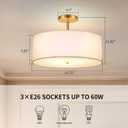 FRIDEKO HOME 3-Light Semi Flush Mount Ceiling Light Fixture, 15.74" Gold Drum Light, Modern Close to Ceiling Light with White Fabric Shade Lamps for Bedroom Living Room Kitchen Hallway Entryway Foyer