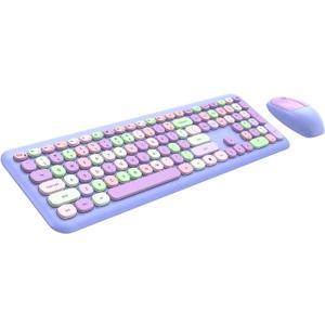 Wireless Keyboard and Mouse Combo, 2.4GHz Full-Sized Colorful Cute Keyboard Mouse Set with Retro Typewriter Flexible Round Keys for Windows, Computer, Laptops, PC Purple Colorful