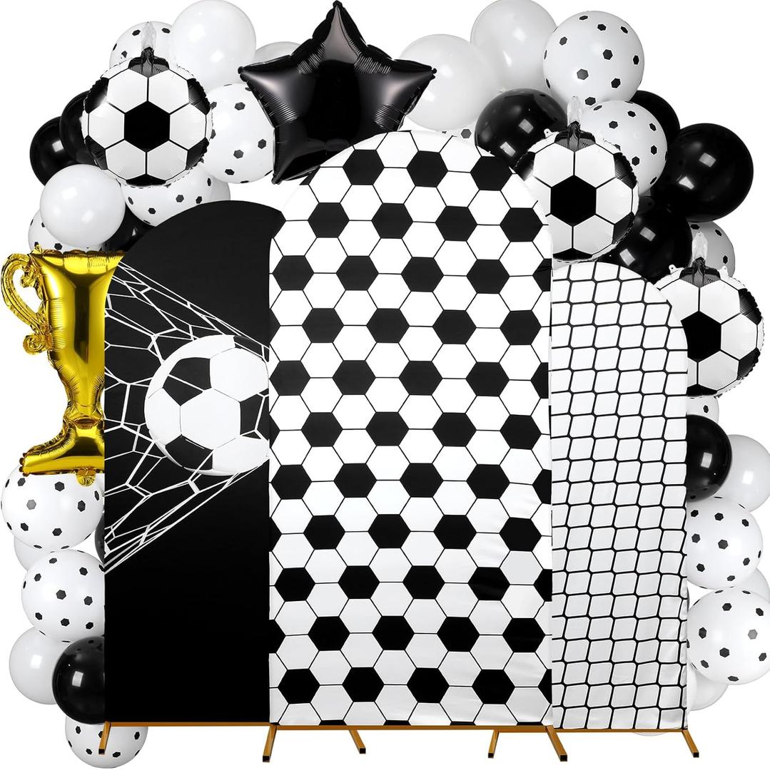 Foilswirl Spandex Arch Backdrop Cover 34 Pcs Soccer Birthday Background Decorations 4ft 5ft 6ft Soccer Arch Backdrop Covers Black White Balloons for Sport Game Football Birthday Party Decor