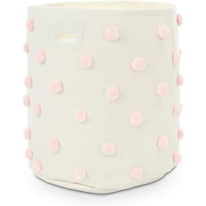 Pink 17.5" D x 20.8" H Pom Pom Basket Bin Large Cotton Canvas Laundry Hamper Baby Girl Laundry Basket Storage, Baby Nursery Hamper for Nursery Playroom Home Room Organizer Decor