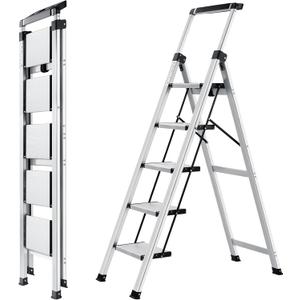 XinSunho 5 Step Ladder, Retractable Handgrip Folding Step Stool with Anti-Slip Wide Pedal, Aluminum Stool Ladders 5 Steps, 330lbs Safety Household Ladder (Silver)