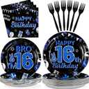 Grencian 96Pcs 16th Birthday Party Decorations for Boys Blue and Black 16th Birthday Plates Disposable Official Teen 16 Tableware for Teen Boys Im 16 Bro 16 Years Old Party Supplies Serves 24