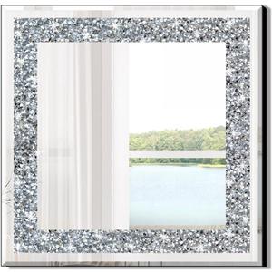 Crystal Crush Diamond Sparkly Square Silver Mirror for Wall Decoration 20x20x1 inch Wall Hang Frameless Bling Stylish Gorgeous Glam Mirror Vanity Home Decor.