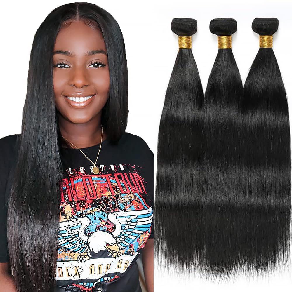 Straight Human Hair Bundles Color #1B Natural Black 3 Bundles 18 20 22 Inch Unprocessed Native Virgin Raw Trippy Hair Extensions Quick Weave Double Weft for Black Woman