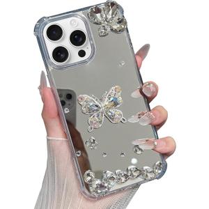 for iPhone16 Pro Bling Butterfly Women Girly Dimond Rhinestone Glitter Sparkly Cute Women Girly Mirror Shockproof Slim Protective Drop Protection Phone Cases
