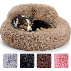 PetJett Calming Medium Dog Bed - 30'' Round Dog Beds - Washable Dog Bed - Anti-Slip Super Soft Fluffy Plush Donut Bed, Anti-Anxiety Premium Comfort Pet Bed, Fits Dogs up to 45 lbs - Beige